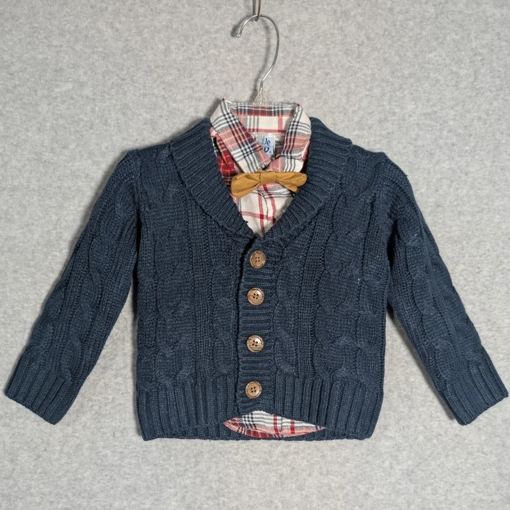 Little Lad Boys 12M Navy Cable Knit Cardigan Plaid Shirt Bow Tie‎ Preppy Dressy